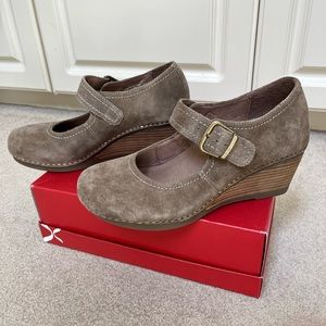 Dansko Sandra Mary Jane Wedge Taupe Nubuck Leather